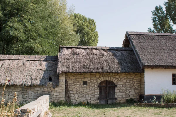 Staré Kamenné Budovy Dřevěnou Střechou Lese — Stock fotografie