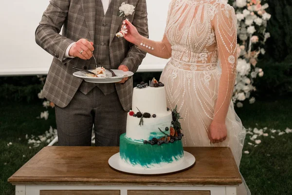 Gelin Damat Düğün Pastasını Kestiler — Stok fotoğraf