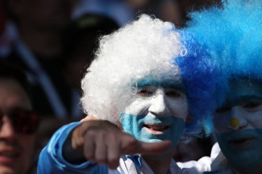 16.06.2018. Moskova, Rusya: Arjantin ve İzlandaca hayranları arasında Arjantin v İzlanda Moscow Spartak stadyumu FIFA Dünya Kupası Rusya 2018, D grubu, futbol maçı maçtan önce standları renk.