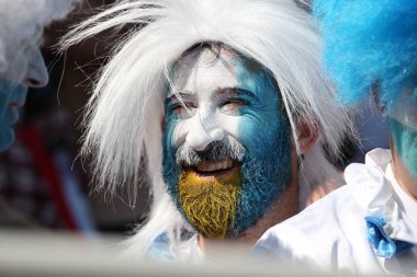 16.06.2018. Moskova, Rusya: Arjantin ve İzlandaca hayranları arasında Arjantin v İzlanda Moscow Spartak stadyumu FIFA Dünya Kupası Rusya 2018, D grubu, futbol maçı maçtan önce standları renk.