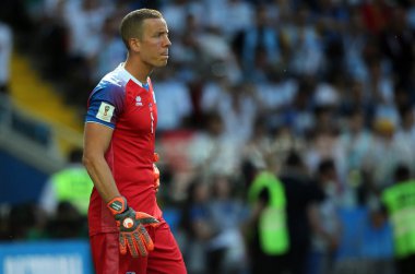 16.06.2018. Moskova, Rusça: Halldorsson maç FIFA Dünya Kupası Rusya 2018, D grubu, futbol sırasında eylem maç arasında Arjantin v İzlanda Moscow Spartak stadyumu.