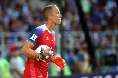 16.06.2018. Moskova, Rusça: Halldorsson maç FIFA Dünya Kupası Rusya 2018, D grubu, futbol sırasında eylem maç arasında Arjantin v İzlanda Moscow Spartak stadyumu.
