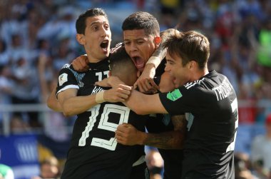16.06.2018. Moskova, Rusya: Aguero gol puan ve Arjantin v İzlanda Moscow Spartak Stadyumu arasında FIFA Dünya Kupası Rusya 2018, D grubu, futbol maçı maç kutluyor.