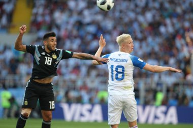 16.06.2018. Moskova, Rusya: Salvio ve Magnusson FIFA Dünya Kupası Rusya 2018, D grubu, maç sırasında eylem futbol maçı arasında Arjantin v İzlanda Moscow Spartak stadyumu.