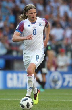 16.06.2018. Moskova, Rusça: Bjarnason maç FIFA Dünya Kupası Rusya 2018, D grubu, futbol sırasında eylem maç arasında Arjantin v İzlanda Moscow Spartak stadyumu.