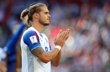 16.06.2018. Moskova, Rusça: FIFA Dünya Kupası Rusya 2018, D grubu, Arjantin v İzlanda Moscow Spartak Stadyumu arasında futbol maçın sonunda Bjarnason.