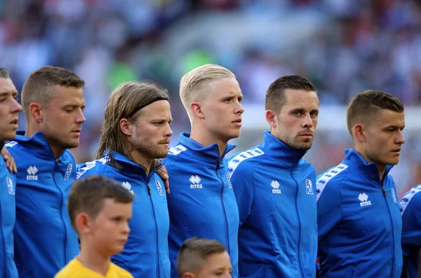 2018 Moscú Rusia Jugadores Islandeses Durante Himno Nacional Antes Copa — Foto de Stock