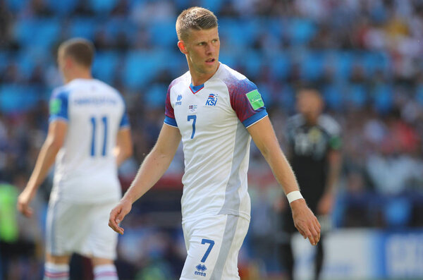 16.06.2018. Moscow, Russian:  Gudmundsson in action during the  match Fifa World Cup Russia 2018, Group D, football match between Argentina v Iceland in Spartak Stadium in Moscow.