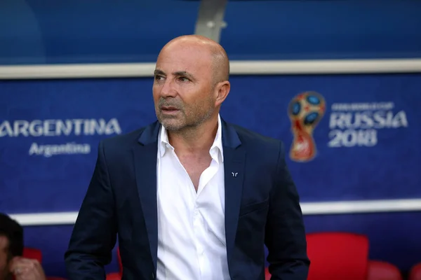 2018 莫斯科 Sampaoli 在行动期间在比赛国际足联世界杯俄国 2018 橄榄球比赛在阿根廷 冰岛之间在斯巴达体育场在莫斯科 — 图库照片