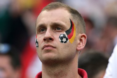 17.06.2018. Moskova, Rusya: Alman ve Meksika hayranları FIFA Dünya Kupası Rusya 2018, F Grubu, futbolda tribünlerde Almanya v Meksika Moskova'da Lujniki Stadyumu arasında eşleme.