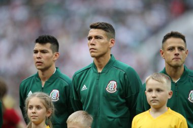 17.06.2018. Moskova, Rusya: Meksika takımı, futbol FIFA Dünya Kupası Rusya 2018, F Grubu önce İstiklal Marşı sırasında maç arasında Almanya v Meksika Moskova'da Lujniki Stadyumu.