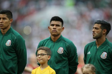 17.06.2018. Moskova, Rusya: Meksika takımı, futbol FIFA Dünya Kupası Rusya 2018, F Grubu önce İstiklal Marşı sırasında maç arasında Almanya v Meksika Moskova'da Lujniki Stadyumu.