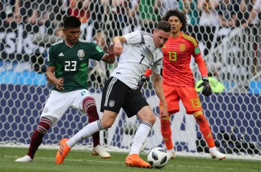 17.06.2018. Moskova, Rusya: Gallardo ve Draxler eylem, futbol FIFA Dünya Kupası Rusya 2018, F Grubu sırasında Almanya v Meksika Moskova'da Lujniki Stadyumu arasında eşleme.