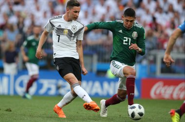 17.06.2018. Moskova, Rusya: Almanya v Meksika Moskova'da Lujniki Stadyumu arasında Draxler ve Alvarez eylem sırasında futbol FIFA Dünya Kupası Rusya 2018, F grubu eşleme.