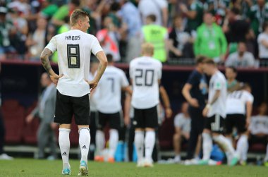 17.06.2018. Moskova, Rusya: Almanya hayal kırıklığına Almanya v Meksika Moskova'da Lujniki Stadyumu FIFA Dünya Kupası Rusya 2018, F Grubu, futbol maçı sonunda.