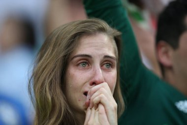 17.06.2018. Moskova, Rusya: Meksikalılar hayranları FIFA Dünya Kupası Rusya 2018, F Grubu, futbol maçında Almanya v Meksika Moskova'da Lujniki Stadyumu arasında zafer kutluyor.