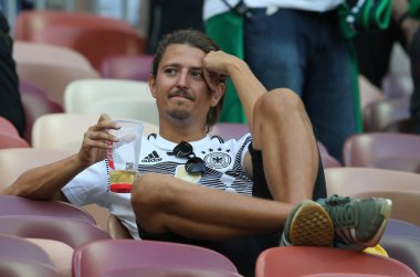 17.06.2018. Moskova, Rusya: Almanya hayranları FIFA Dünya Kupası Rusya 2018, F Grubu, futbol sonunda hayal kırıklığına Almanya v Meksika Moskova'da Lujniki Stadyumu arasında eşleme.