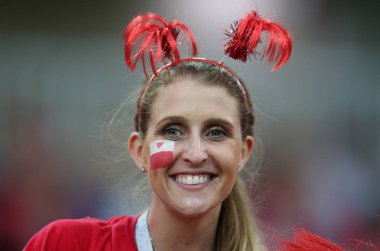 Moskova, Rusya - 19th Haziran 2018: FIFA Dünya Kupası Rusya 2018, H Grubu, futbol tribünlerde Polonya ve Senegal taraftarlara Polonya vs Senegal Moscow Spartak Stadyumu arasında eşleme.