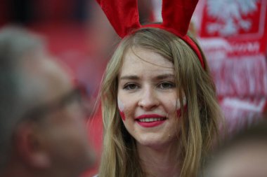 Moskova, Rusya - 19th Haziran 2018: FIFA Dünya Kupası Rusya 2018, H Grubu, futbol tribünlerde Polonya ve Senegal taraftarlara Polonya vs Senegal Moscow Spartak Stadyumu arasında eşleme.