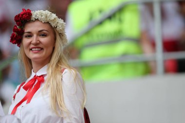 Moskova, Rusya - 19th Haziran 2018: FIFA Dünya Kupası Rusya 2018, H Grubu, futbol tribünlerde Polonya ve Senegal taraftarlara Polonya vs Senegal Moscow Spartak Stadyumu arasında eşleme.