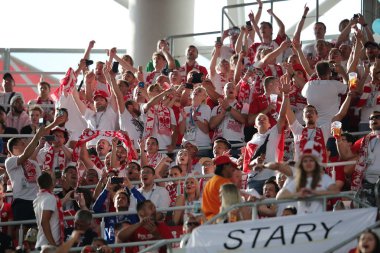 Moskova, Rusya - 19th Haziran 2018: FIFA Dünya Kupası Rusya 2018, H Grubu, futbol tribünlerde Polonya ve Senegal taraftarlara Polonya vs Senegal Moscow Spartak Stadyumu arasında eşleme.