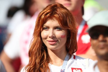 Moskova, Rusya - 19th Haziran 2018: FIFA Dünya Kupası Rusya 2018, H Grubu, futbol tribünlerde Polonya ve Senegal taraftarlara Polonya vs Senegal Moscow Spartak Stadyumu arasında eşleme.