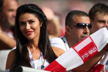 Moskova, Rusya - 19th Haziran 2018: FIFA Dünya Kupası Rusya 2018, H Grubu, futbol tribünlerde Polonya ve Senegal taraftarlara Polonya vs Senegal Moscow Spartak Stadyumu arasında eşleme.