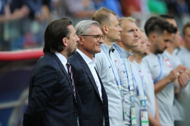 Moskova, Rusya - 19th Haziran 2018: Adam Nawalka, arada Polonya vs Senegal Moskova'da Spartak Stadium FIFA Dünya Kupası Rusya 2018, H Grubu, futbol maçı sırasında Polonya koç