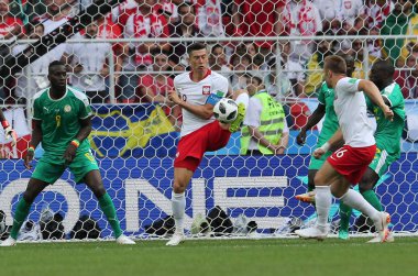 Moskova, Rusya - 19th Haziran 2018: Robert Lewandowski eylem sırasında FIFA Dünya Kupası Rusya 2018, H Grubu, futbol maç Polonya vs Senegal Spartak Stadium Moskova arasında
