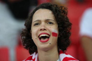 Moskova, Rusya - 19th Haziran 2018: FIFA Dünya Kupası Rusya 2018, H Grubu, futbol tribünlerde Polonya ve Senegal taraftarlara Polonya vs Senegal Moscow Spartak Stadyumu arasında eşleme.