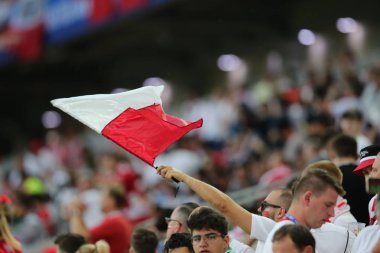 Moskova, Rusya - 19th Haziran 2018: FIFA Dünya Kupası Rusya 2018, H Grubu, futbol tribünlerde Polonya ve Senegal taraftarlara Polonya vs Senegal Moscow Spartak Stadyumu arasında eşleme.
