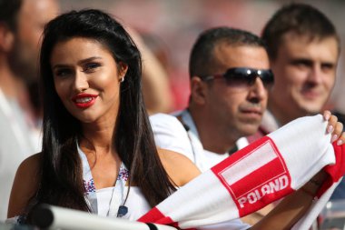 Moskova, Rusya - 19th Haziran 2018: FIFA Dünya Kupası Rusya 2018, H Grubu, futbol tribünlerde Polonya ve Senegal taraftarlara Polonya vs Senegal Moscow Spartak Stadyumu arasında eşleme.