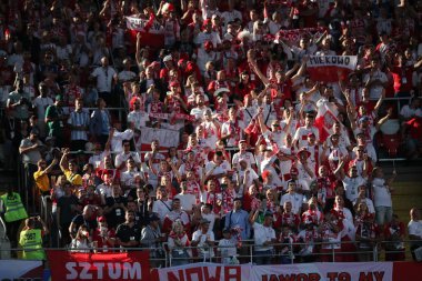 Moskova, Rusya - 19th Haziran 2018: FIFA Dünya Kupası Rusya 2018, H Grubu, futbol tribünlerde Polonya ve Senegal taraftarlara Polonya vs Senegal Moscow Spartak Stadyumu arasında eşleme.