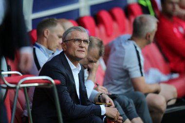 Moskova, Rusya - 19th Haziran 2018: Adam Nawalka, arada Polonya vs Senegal Moskova'da Spartak Stadium FIFA Dünya Kupası Rusya 2018, H Grubu, futbol maçı sırasında Polonya koç