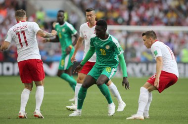 Moskova, Rusya - 19th Haziran 2018: Ismaila Sarr eylem sırasında FIFA Dünya Kupası Rusya 2018, H Grubu, futbol maç Polonya vs Senegal Spartak Stadium Moskova arasında