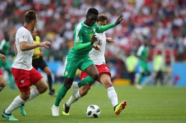 Moskova, Rusya - 19th Haziran 2018: Ismaila Sarr eylem sırasında FIFA Dünya Kupası Rusya 2018, H Grubu, futbol maç Polonya vs Senegal Spartak Stadium Moskova arasında