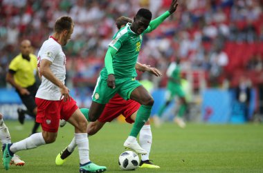 Moskova, Rusya - 19th Haziran 2018: Ismaila Sarr eylem sırasında FIFA Dünya Kupası Rusya 2018, H Grubu, futbol maç Polonya vs Senegal Spartak Stadium Moskova arasında
