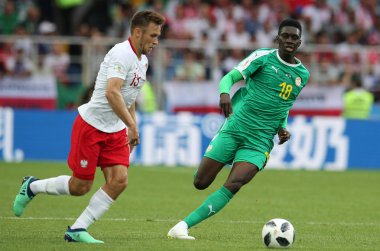 Moskova, Rusya - 19th Haziran 2018: Ismaila Sarr eylem sırasında FIFA Dünya Kupası Rusya 2018, H Grubu, futbol maç Polonya vs Senegal Spartak Stadium Moskova arasında