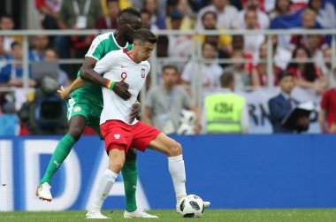 Moskova, Rusya - 19th Haziran 2018: Robert Lewandowski eylem sırasında FIFA Dünya Kupası Rusya 2018, H Grubu, futbol maç Polonya vs Senegal Spartak Stadium Moskova arasında