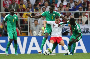 Moskova, Rusya - 19th Haziran 2018: Robert Lewandowski eylem sırasında FIFA Dünya Kupası Rusya 2018, H Grubu, futbol maç Polonya vs Senegal Spartak Stadium Moskova arasında