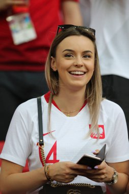 Moskova, Rusya - 19th Haziran 2018: FIFA Dünya Kupası Rusya 2018, H Grubu, futbol tribünlerde Polonya ve Senegal taraftarlara Polonya vs Senegal Moscow Spartak Stadyumu arasında eşleme.