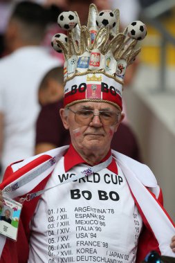 Moskova, Rusya - 19th Haziran 2018: FIFA Dünya Kupası Rusya 2018, H Grubu, futbol tribünlerde Polonya ve Senegal taraftarlara Polonya vs Senegal Moscow Spartak Stadyumu arasında eşleme.