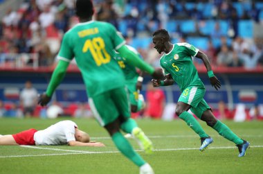 Moskova, Rusya - 19th Haziran 2018: Idrissa Gueye kutluyor gol FIFA Dünya Kupası Rusya 2018, H Grubu, futbol maç Polonya vs Senegal Spartak Stadium Moskova arasında