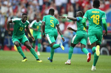 Moskova, Rusya - 19th Haziran 2018: Idrissa Gueye kutluyor gol FIFA Dünya Kupası Rusya 2018, H Grubu, futbol maç Polonya vs Senegal Spartak Stadium Moskova arasında