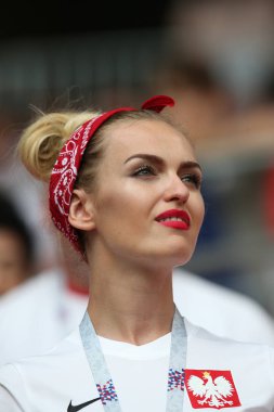 Moskova, Rusya - 19th Haziran 2018: FIFA Dünya Kupası Rusya 2018, H Grubu, futbol tribünlerde Polonya ve Senegal taraftarlara Polonya vs Senegal Moscow Spartak Stadyumu arasında eşleme.