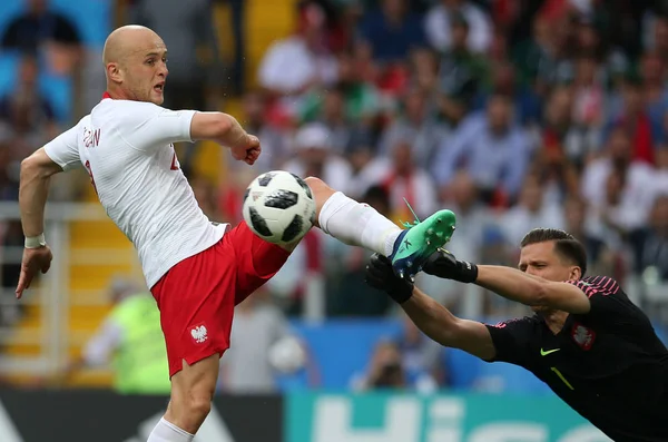 Moskova, Rusya - 19th Haziran 2018: Michael Pazdan, Wojciech Szczesny eylem sırasında FIFA Dünya Kupası Rusya 2018, H Grubu, futbol Polonya vs Senegal Spartak Stadium Moskova arasında eşleme