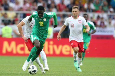 Moskova, Rusya - 19th Haziran 2018: Ismaila Sarr eylem sırasında FIFA Dünya Kupası Rusya 2018, H Grubu, futbol maç Polonya vs Senegal Spartak Stadium Moskova arasında