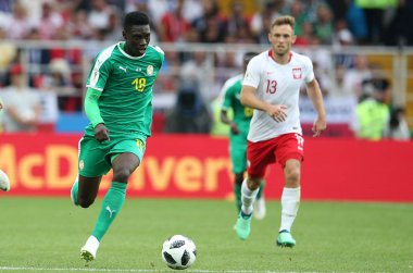 Moskova, Rusya - 19th Haziran 2018: Ismaila Sarr eylem sırasında FIFA Dünya Kupası Rusya 2018, H Grubu, futbol maç Polonya vs Senegal Spartak Stadium Moskova arasında