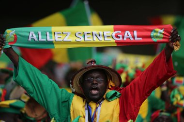 Moskova, Rusya - 19th Haziran 2018: FIFA Dünya Kupası Rusya 2018, H Grubu, futbol tribünlerde taraftarlara Senegal Polonya vs Senegal Moscow Spartak Stadyumu arasında eşleme.