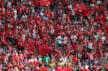 20.06.2018. Moskova, Rusya: Fas hayranları FIFA Dünya Kupası Rusya 2018, B grubu, futbol sırasında Portekiz V Fas Moskova'da Lujniki Stadyumu arasında eşleme.